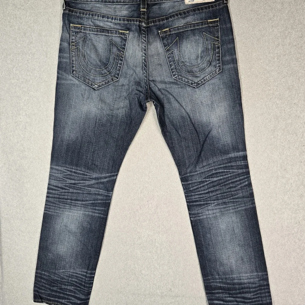 True Religion Men Jeans 38 Blue Denim Embroidered Ricky No Flap 33